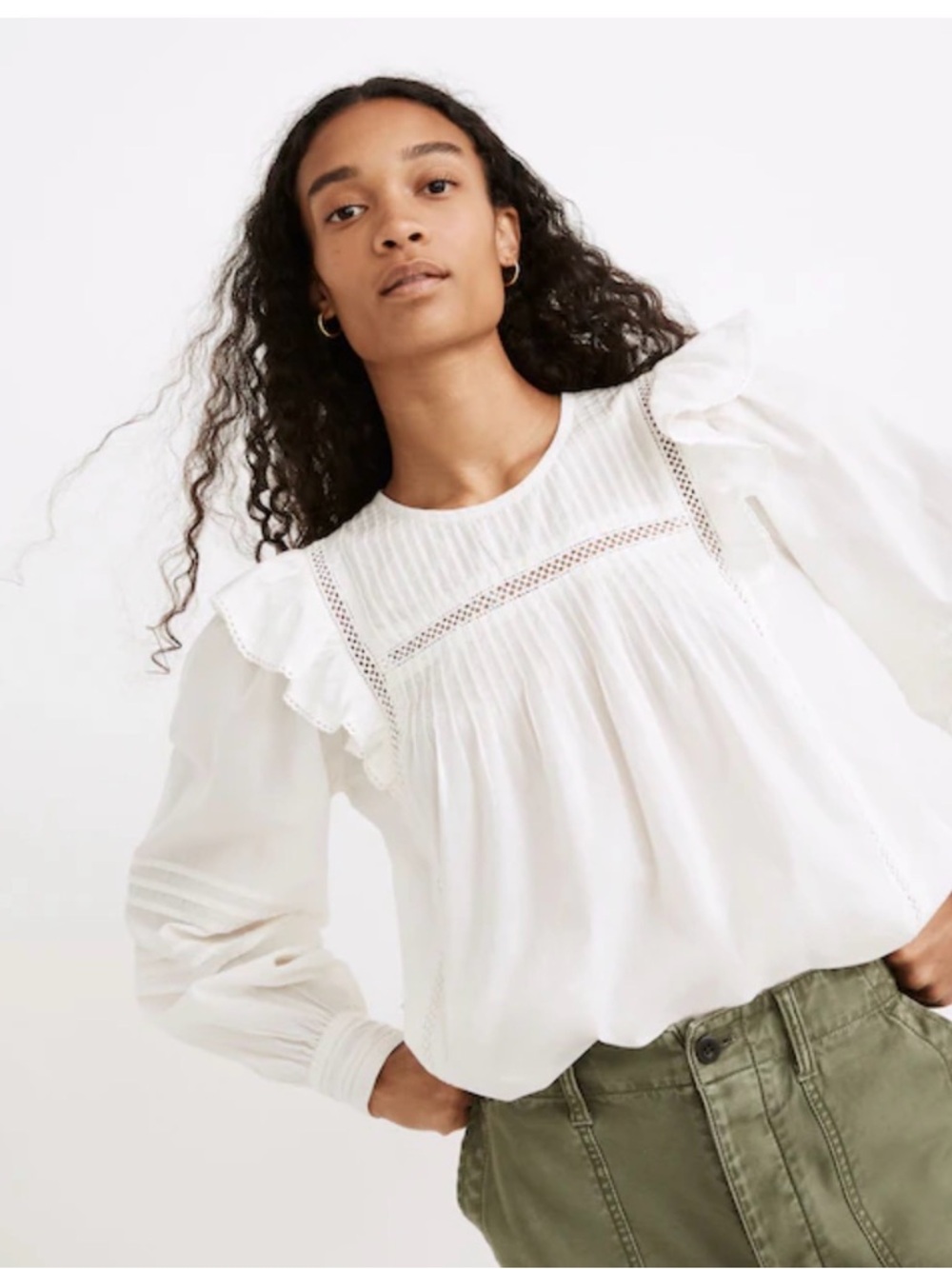 Madewell White Ruffle & Lace-Inset Long Sleeve Top